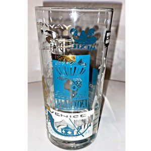 World Countries & Cities Vintage Highball Glass Gold & Turquoise MCM 5-5/8" VG